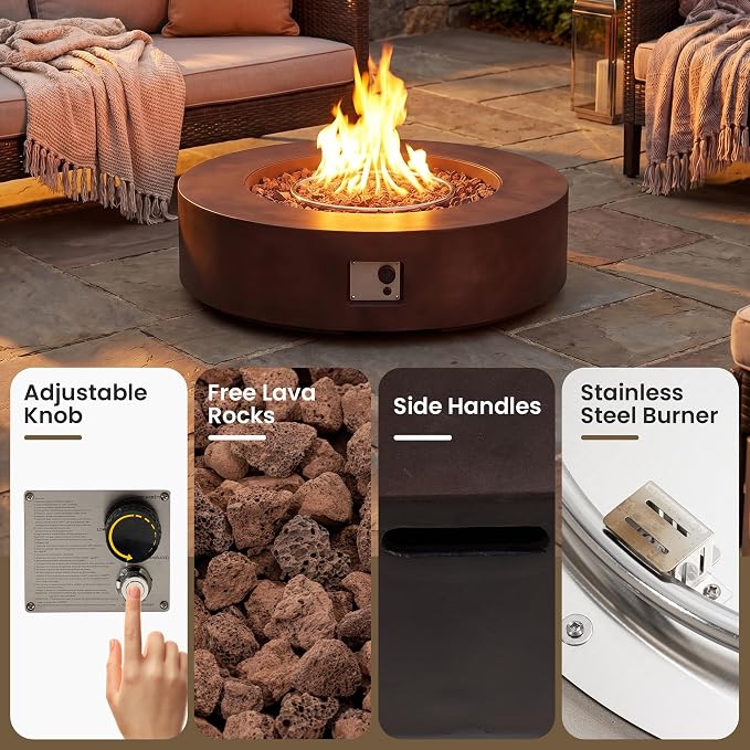 COSIEST Outdoor Propane Fire Pit Coffee Table w Dark Bronze 42 inch Round Base Patio Heater, Certified, 50,000 BTU Stainless Steel Burner, Free Lava Rocks, Waterproof Cover