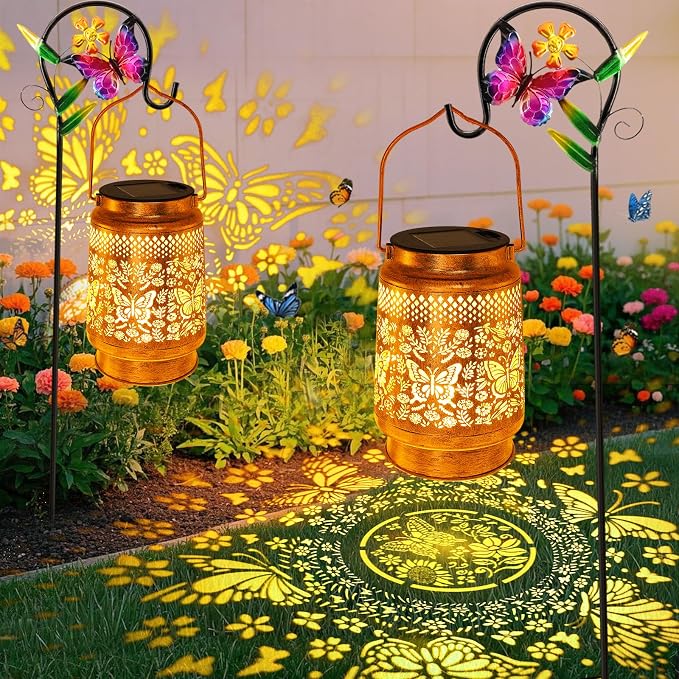Butterfly Solar Lanterns Outdoor with Shepherd Hook, Birthday Gift Mothers Day Gift for Women Mom Grandma Wife Daughter, Waterproof LED Hanging Lights, Decor for Yard Garden Patio Porch Lawn Tabletop