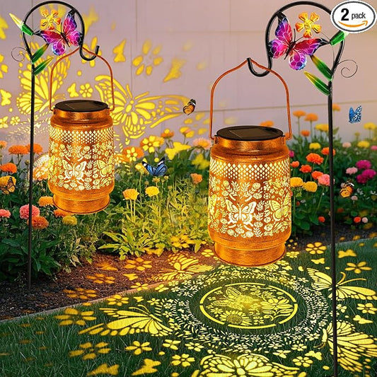 2 Pack Butterfly Solar Lanterns Outdoor With Shepherd Hook, Birthday Gift Mothers Day Gift for Women Mom Grandma Wife Daughter, Waterproof LED Hanging Lights, Decor For Yard Garden Patio Lawn Tabletop