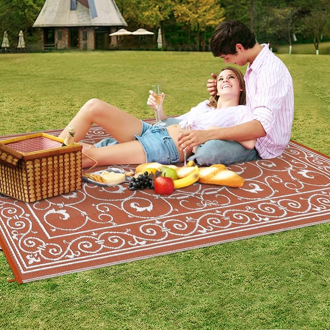 Garvee 8x10 Outdoor Rug Waterproof Plastic Straw Rug Outdoor Patio Rugs Reversible Mat Easy Clean Foldable Lightweight Large Area Rugs for Patio Porch Backyard Camping RV Beach Balcony Vintage Orange