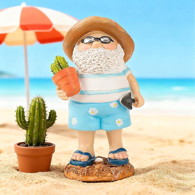 Teaeeno Funny Garden Gnome with Cactue, Funny Gnome Figurine, 8 Inch Depth Lawn Statue, Yard Art Statue, Garden Yard Lawn Backyard Ornament Decor,Home, Lawn, Patio, Animal Ornament for Women Gifts