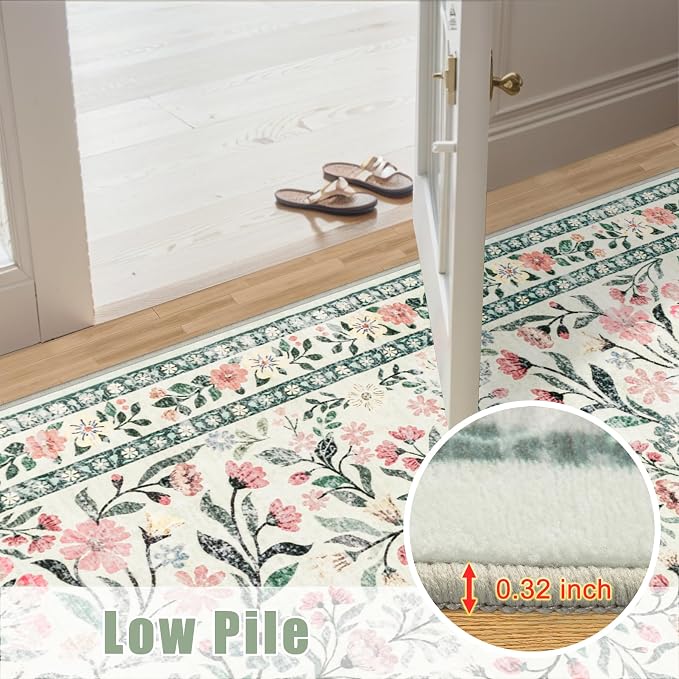 PLHXFR 6x9 Area Rug Living Room: Floral Washable Boho Carpet Green Beige | For Bedroom Dining Room Farmhouse Nursery Hallway,Vintage Floral,Machine washable,Non Slip,Stain Resistant,Large Indoor