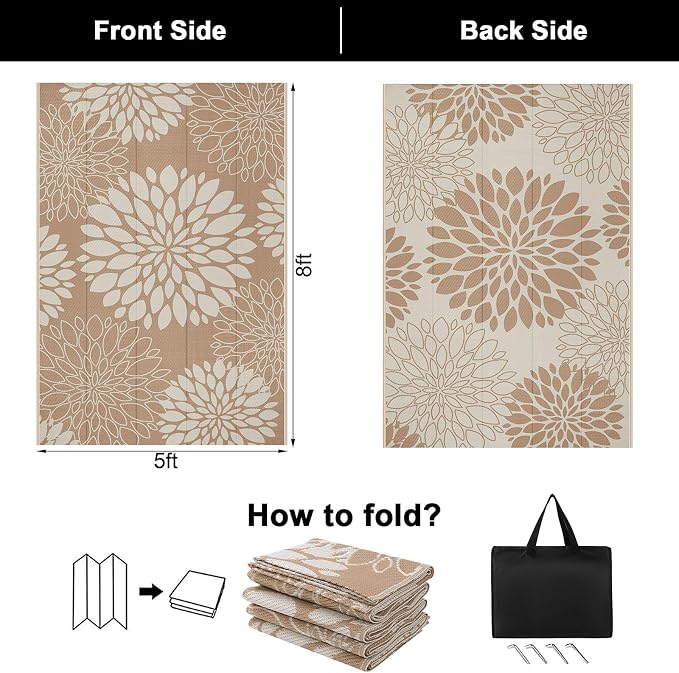 Ileading Waterproof Outdoor Rug 5x8, Reversible Plastic Straw Patio Rug, Portable Indoor Outdoor RV Camping Mat Carpet for Deck, Porch, Balcony, Backyard, Picnic, Floral Brown