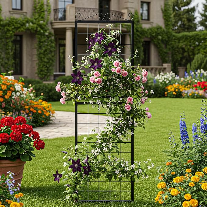 SUNYRISY 2Pack Metal Garden Trellis for Climbing Plants Outdoor, 71x20in Metal Plant Support for Flowers Tomato Cucumber Rose Vegetable Garden Courtyards Lawns Decoration, Black