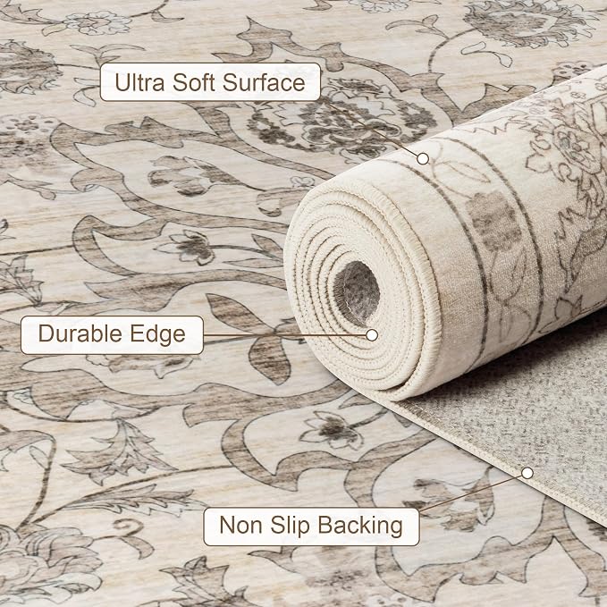 9x12 Area Rugs Living Room: Washable Rug for Bedroom Brown Beige | Vintage No Slip Stain Resistant Rug Soft Indoor Decor Floor Floral Area Rugs for Dining Room, Nursery, Hallway, Home Office