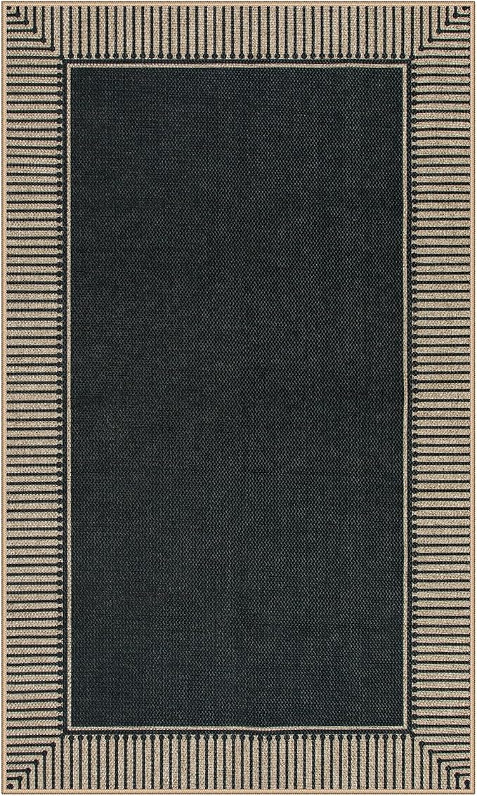 Moynesa Striped Border Easy Jute Outdoor Patio Rug 3x5, Washable Entryway Rug Non Slip with Rubber Backing, Farmhouse Modern Carpet for Backyard Bedroom Living Room Kitchen, Black