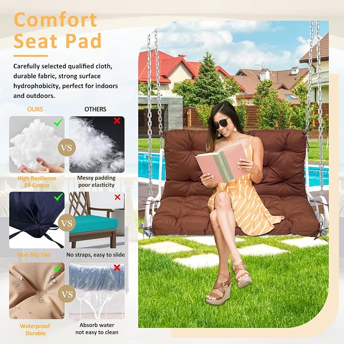 Swing Replacement Cushions for Outdoor: 2-3 Seater Waterproof Porch Bench Cushion with Backrest and Ties - 4" Thick Swing Cushion for Garden Patio Backyard Loveseat