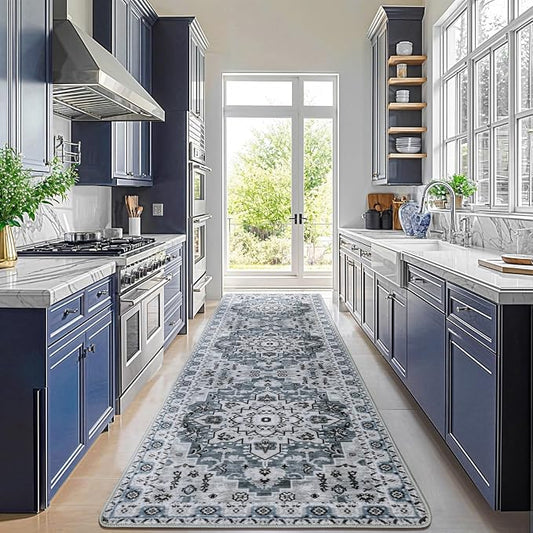 LBRO2M Machine Washable Rug Soft Pet Friendly Carpet 2X10 Dusty Blue | Persian Runner Rug 2X10 for HallWay, Bedroom, Kitchen, Laundry Room, Non Slip Carpet, Foldable Stain Resistant Rugs
