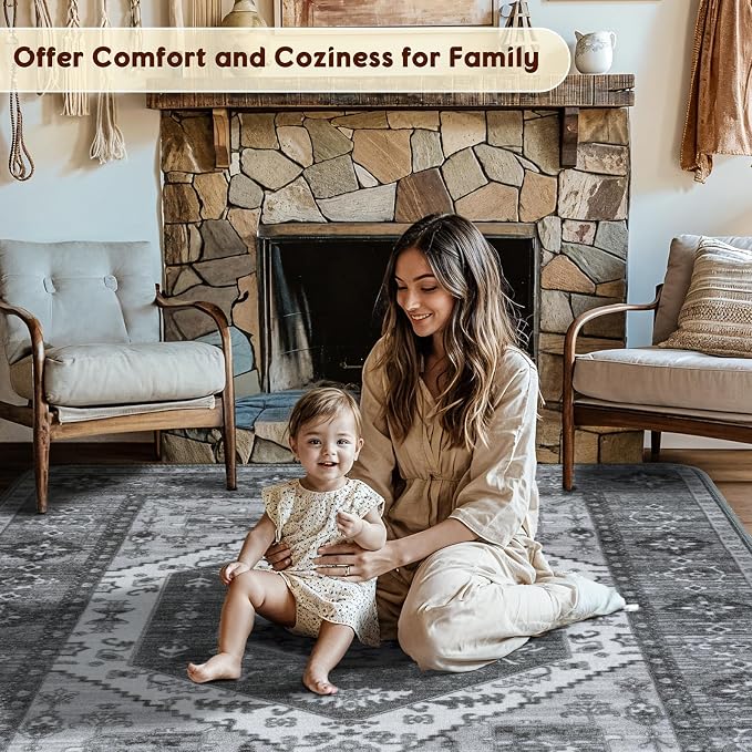 LBRO2M Machine Washable Rug Soft Pet Friendly Carpet 4X6 Dark Gray | Persian Rug 4X6 for Living Room, Bedroom, Dining Room, Home Office, Non Slip Carpet, Foldable Stain Resistant Rugs