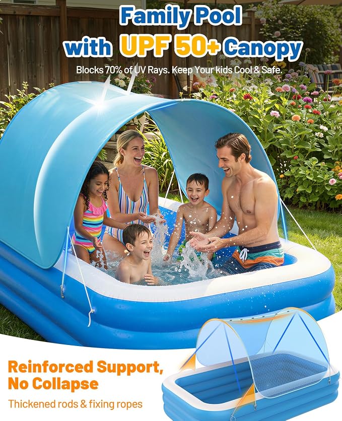 HeySplash Inflatable Pool, Swimming Pool 118" x 69" x 24" Blue | Thickened Blow Up Pool with Canopy, Large Family Pool for Outdoor Backyard Garden Party Summer Fun Adults Kids