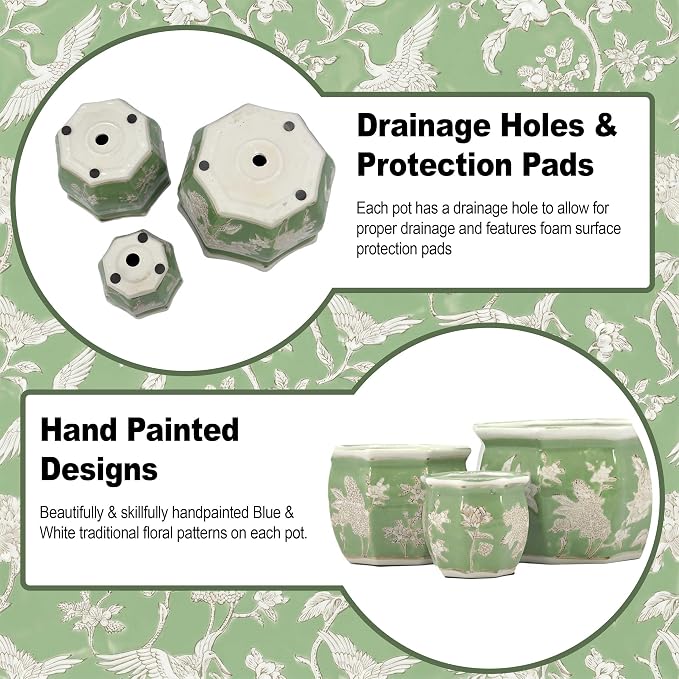 Galt International Green & White Floral Porcelain Ceramic Decorative Flower Pot 8"/6"/4.5" Garden Pots Chinese Asian Design - Set of 3 Green Fluted