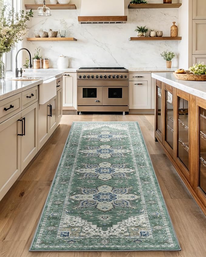 AMADA HOMEFURNISHING 2'6"x10' Washable Area Rug, Low-Profile Entryway Rug with Non-Slip Backing & Durable Edge Binding, Vintage Rug Pattern, Small Rugs for Entryway, Kitchen & Living Room