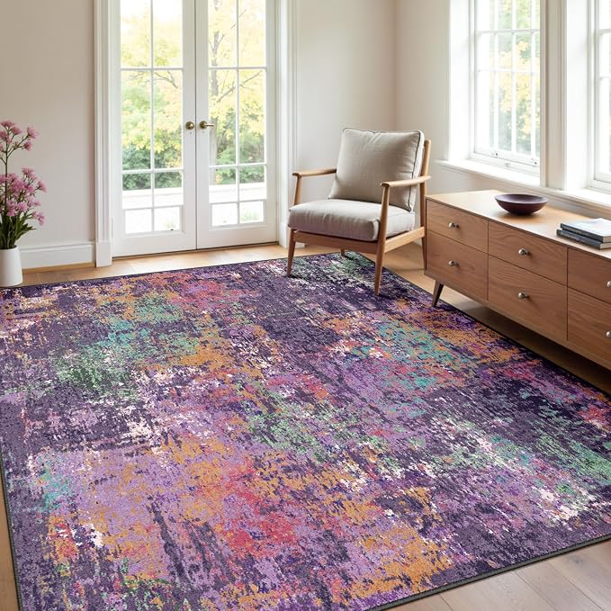 RELEANY Washable Square 8'x8' Area Rug for Living Room Purple Multi | Carpet for Bedroom, Kitchen, Office, Hallway and Entryway, Printed Pattern, Non‑Slip, Soft, Stain‑Resistant, Easy to Clean