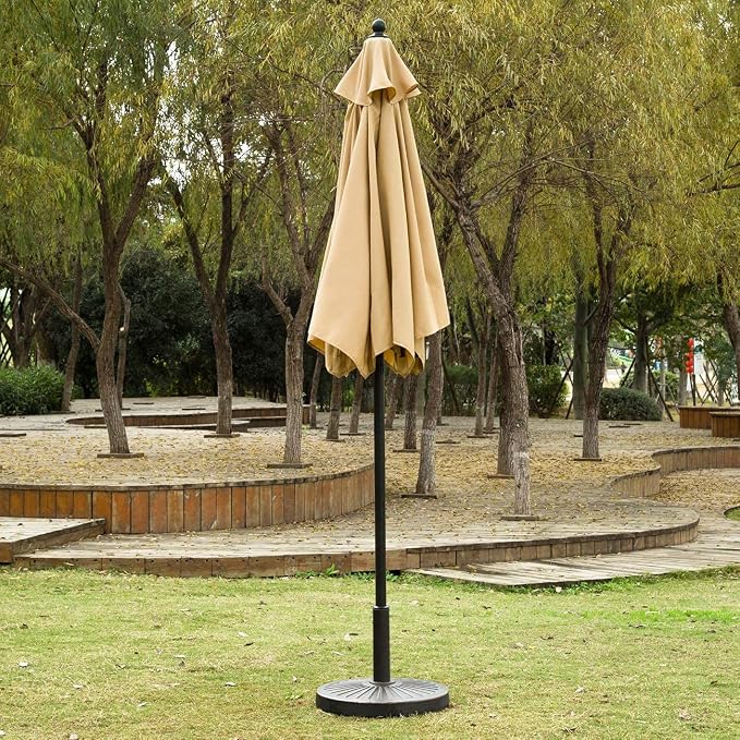 Sunnyglade 7.5' Patio Umbrella 6 Ribs (Tan) | 18" 26.5-lbs Heavy Duty Round Antiqued Umbrella Base, Bronze