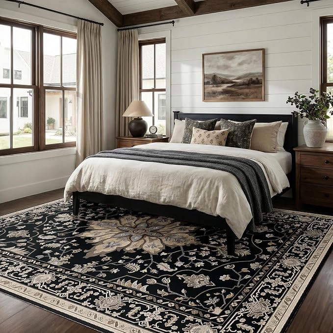 RELEANY Washable Area Rug, 8'x10', Black/Neutral | Non-Slip, Water Repellent, Pet Friendly, Easy to Clean, Vintage Floral Boho Decor for Living Room Bedroom Dining Room