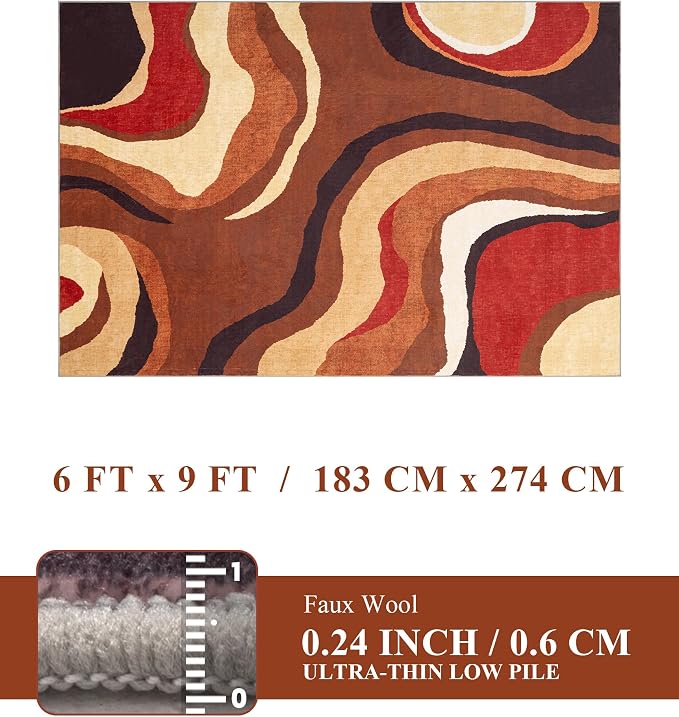 Burnt Orange Rug 6x9 Washable,Alfombras para Salas,Farmhouse Brown Retro Carpets,Geometric Abstract Wavy Rug for Living Room,Unique Colorful Rugs for Bedroom,Dining Room
