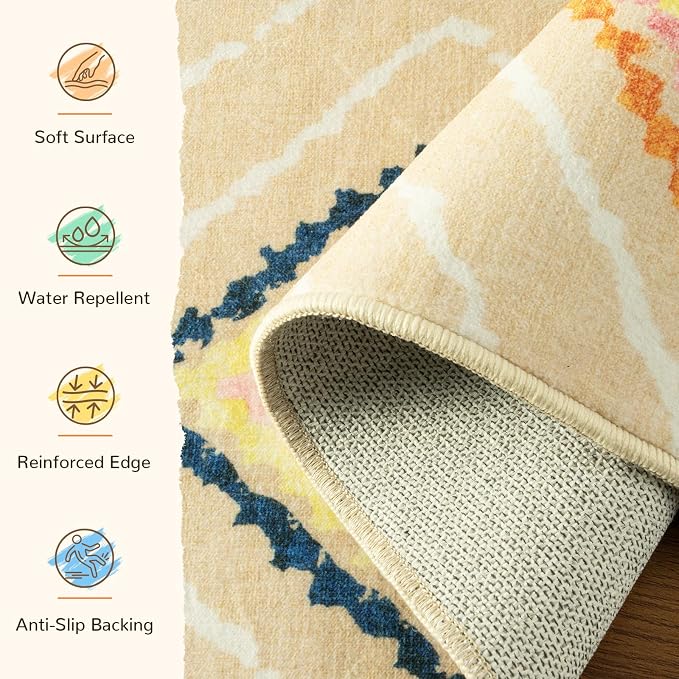Area Rug 5x7 Rug Machine Washable Non-Slip Low Pile Print Pattern Western Rug for Living Room Bedroom Entryway Tribal Series -Cream/Beige | Soft Western No Slip Low Pile Print Foldable Indoor for Kitchen Dining Room