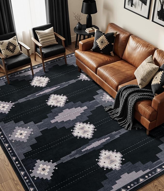 6'x9' Washable Area Rug for Living Room, Black and Grey Western Aztec Rug | Soft, Non-Slip, Low Pile, Tribal Geometric Design, for Boy Bedroom Dining Room Playroom, Stain Resistant