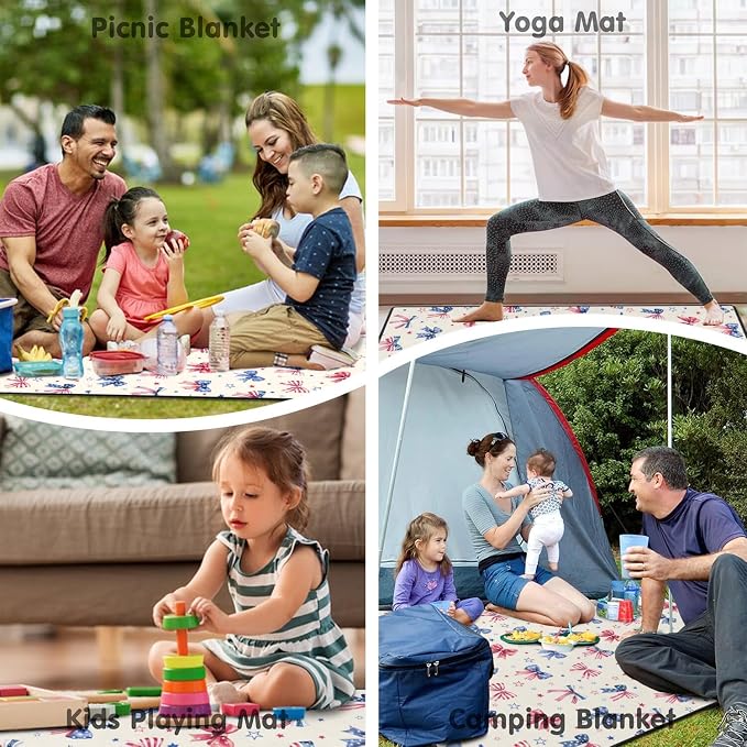 60’‘x80'' 4th of July Blankets Waterproof Foldable American Flag Portable Outdoor Picnic Mat Water Resistant for Grass Padded Lawn Park Blanket for Camping,Patriotic Military Gifts for Fathers Day