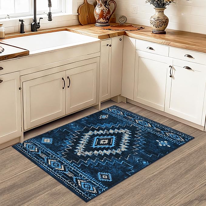Yinhua Western 2x3 Rug Non-Slip, Aztec Entryway Rugs Low-Pile, Navy Blue | Moroccan Washable Rug Stain Resistant, Front Door Rugs with Rubber Backing for Bathroom Kitchen Hallway