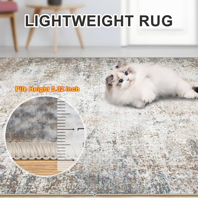 PLHXFR Area Rug Living Room: 4x6 Abstract Washable Carpet Brown Grey | For Bedroom Dining Room Farmhouse Nursery Home,Machine washable,Non Slip,Large Soft Neutral,Stain Resistant, Indoor Floor