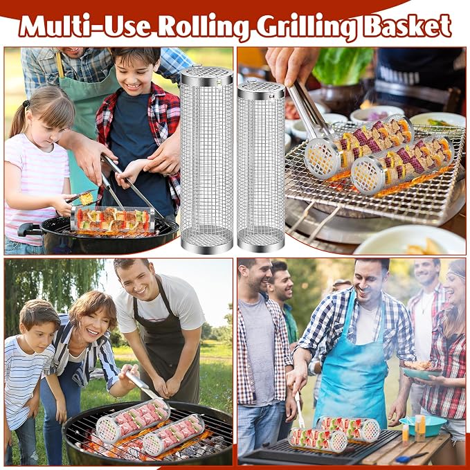 Grill Baskets for Outdoor Grill- 2 PCS, Rolling Grilling Basket, Stainless Steel BBQ Grill Mesh Grilling Accessories for Fish, Shrimp, Meat, Veggies, Fries, Grilling Gift for Men Dad Husband