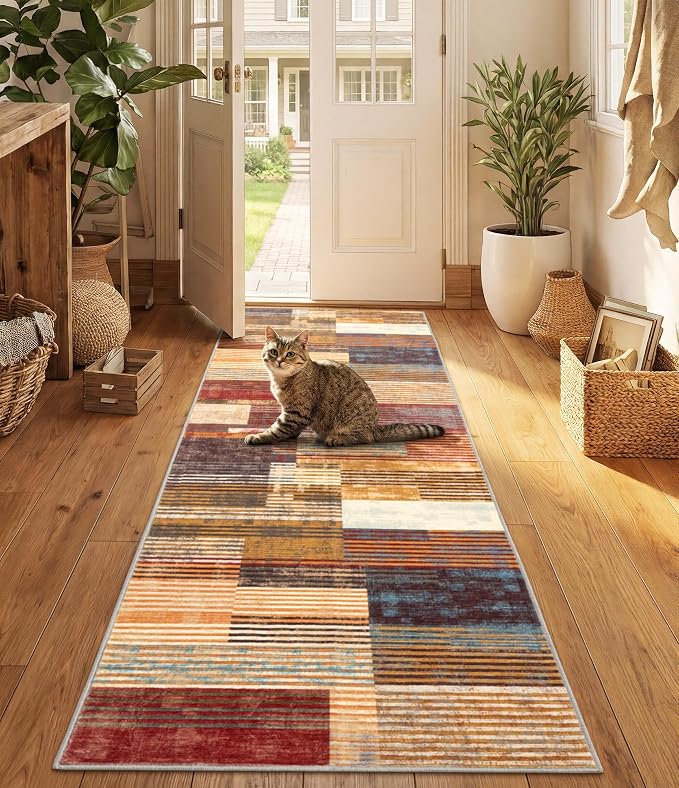 Brown Runner Rug 2x6 for Hallway, Farmhouse Rugs Washable,Vintage Burgundy Carpets,Burnt Orange Area Rug Non Slip,Geometric Boho Rug for Kitchen