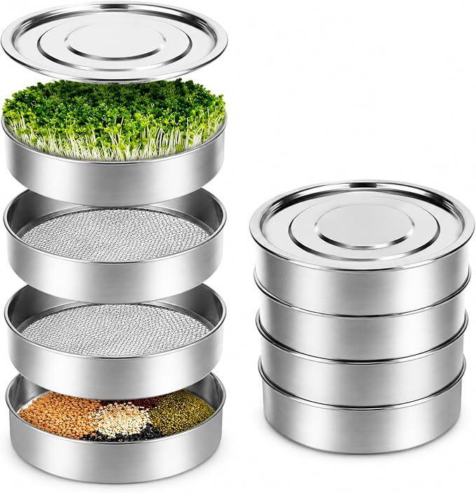 Stainless Steel Sprouting Tray 7,9'' - Round 4-Tier Seed Gardening Planter for Microgreens Broccoli Sprouts Growing Kit Microgreens Tray Germination