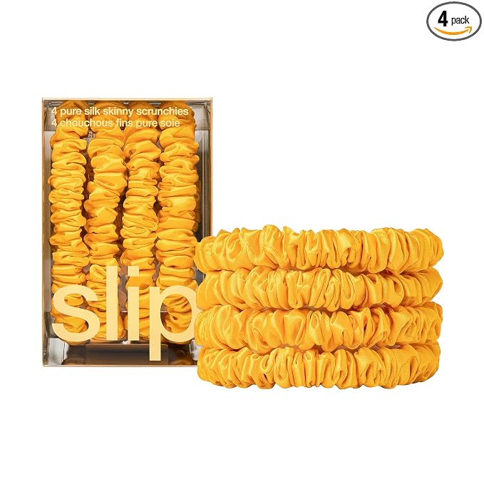 Slip Silk Hair Ties — Skinny Silk Golden Scrunchies, No Damage, No Crease, Anti-Breakage |100% Mulberry Silk | All Hair Types | Made with Proprietary Slipsilk™ | Set of 4