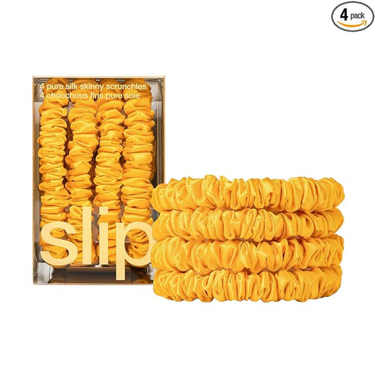 Slip Silk Hair Ties — Skinny Silk Golden Scrunchies, No Damage, No Crease, Anti-Breakage |100% Mulberry Silk | All Hair Types | Made with Proprietary Slipsilk™ | Set of 4