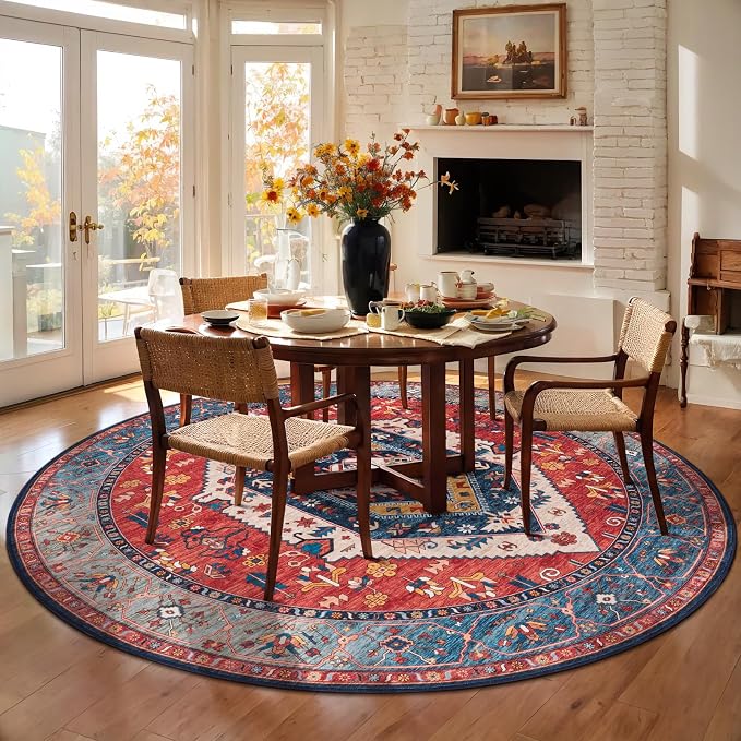SERISSA 6ft Washable Non Slip Round Boho Area Rug for Bedroom，Rust | Ultra Soft Vintage Oriental Carpet Low-Pile Tribal Circular Indoor Mat for Entryway Kids Room Office College Dorm Living Room