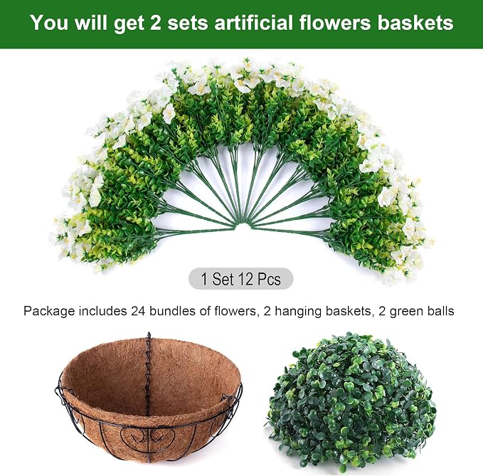 2 Set Artificial Hanging Flowers Baskets for Outdoors Faux Spring Plants, 24 Pcs UV Resistant Faux Silk White Morning Glory with 2 Outdoor Hanging Planters Realistic for Outside Porch Patio Decor