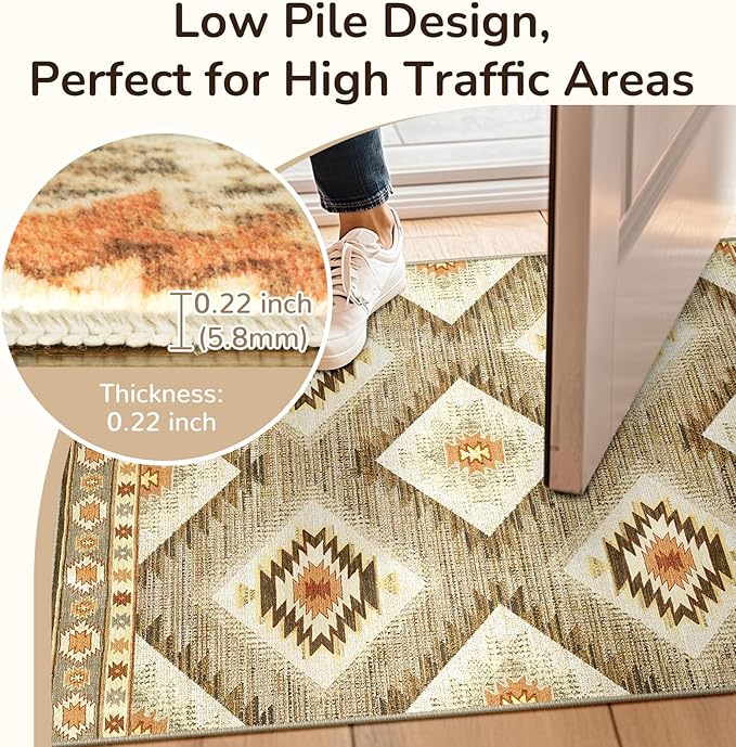Area Rug 2x3 Rug Machine Washable Non-Slip Low Pile Print Pattern Western Rug for Living Room Bedroom Entryway Tribal Series -Cream/Camel | Western No Slip Low Pile Print Foldable Indoor Small Rug for Kitchen entryway doormat