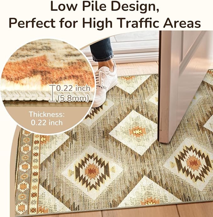 Area Rug 2x6 Rug Machine Washable Non-Slip Low Pile Print Pattern Western Rug for Living Room Bedroom Entryway Tribal Series -Cream/Camel | Soft Western No Slip Low Pile Print Foldable Indoor Small Rug for Kitchen entrance entryway hallway