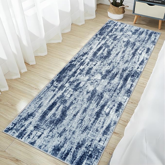 2'6''x8' Runner Rugs Washable Rug: Modern Abstract Hallway Blue Grey Carpet | Non-slip TPE backing makes this washable soft low-pile rug safe & durable, Pet-friendly decor for dining room,nursery,office