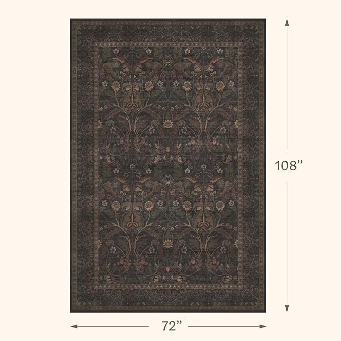 6x9 Dining Room Rugs for Under Table, Washable Carpet Living Room, Dark Brown Low Plie Woodland Soft Bedroom Carpet, Non Slip Floral Funky Dark Academia Rug