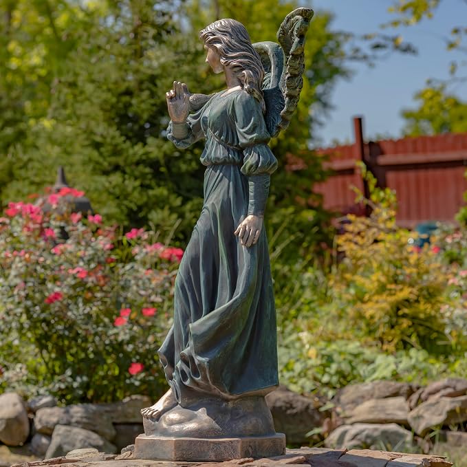 Zaer Ltd. 46" Tall Magnesium Angel Statue with Billowing Dress and Bird Perched on Shoulder in Antique Grey Maria (Antique Bronze)