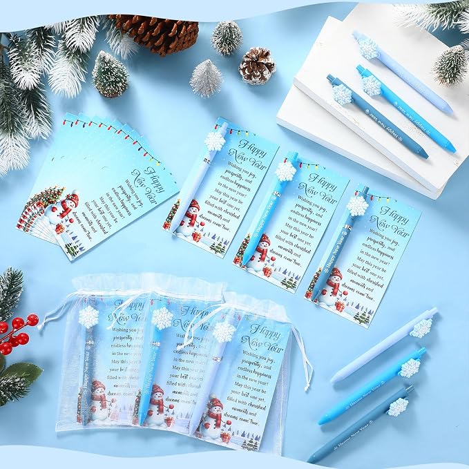 Marspark 30 Set Winter New Year Gifts Bulk Christmas Ballpoint Pens and Greeting Cards Set with Bag Twist Ties for Employee Coworker Teacher Student School Office Home Party Favor