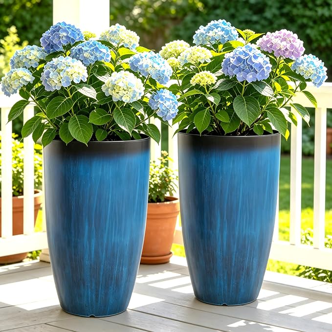 Autodaya 23.8" Tall Planters Set of 2, Large Plastic Plant Pots with Artistic Floating Cobalt Blue Glaze, UV-Resistant Lightweight PP Flower Pots for Outdoor Indoor Plants, Garden, Patio, Deck, Porch