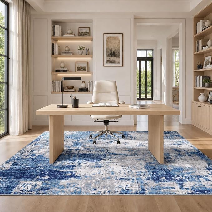 RELEANY Washable 6'x9' Abstract Area Rug for Living Room Blue Gray | Carpet for Bedroom, Kitchen, Office, Hallway and Entryway, Printed Pattern, Non‑Slip, Soft, Stain‑Resistant, Easy to Clean