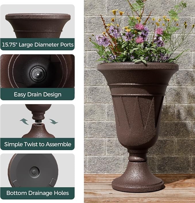 23.6" Tall Plastic Urn Planters for Outdoor Plants, Set of 2 Heavy-Duty Classic Indoor Large Flower Pots with Drainage Holes & Trophy Design, Outdoor Planters for Porch, Home Garden, Brown