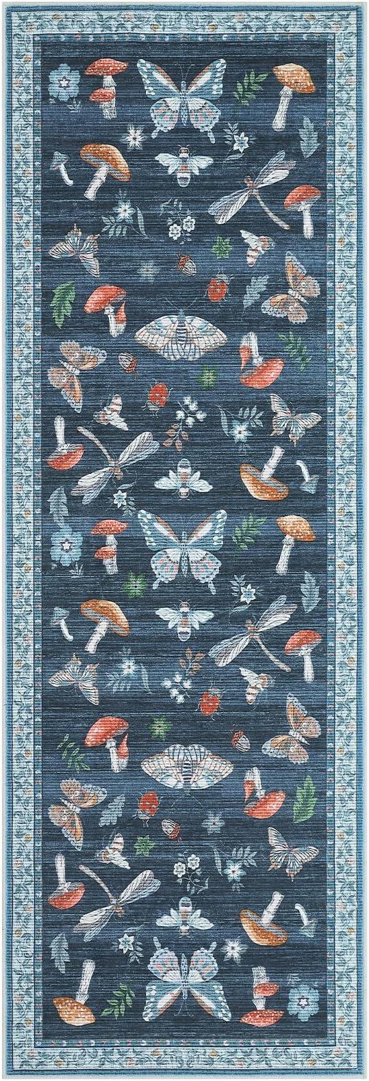 ROYHOME Mushroom Insect Rug 2x6 Runners for Hallways, Boho Kitchen Runner Rugs Non Slip Bath, Modern Washable Rug for Bedroom, Soft Long Rugs for Entryway Bathroom Laundry Dorm, Blue