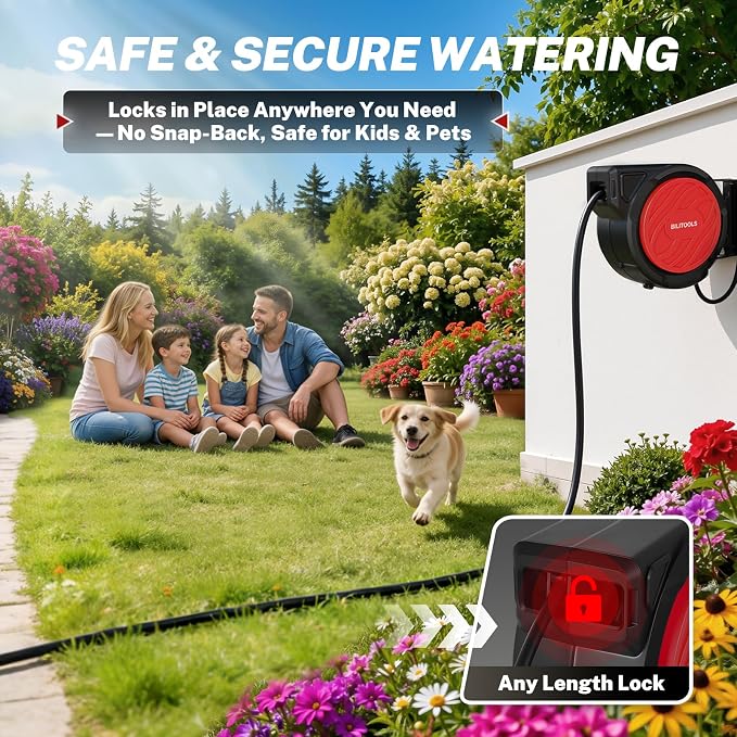 BILITOOLS Retractable Garden Hose Reel 5/8 in x 50 ft, Wall Mounted Water Hose Reel for Outside with Any Length Lock, Slow Auto Rewind Anti-Tangle System, 180° Swivel Bracket & 10-Pattern Spray Nozzle
