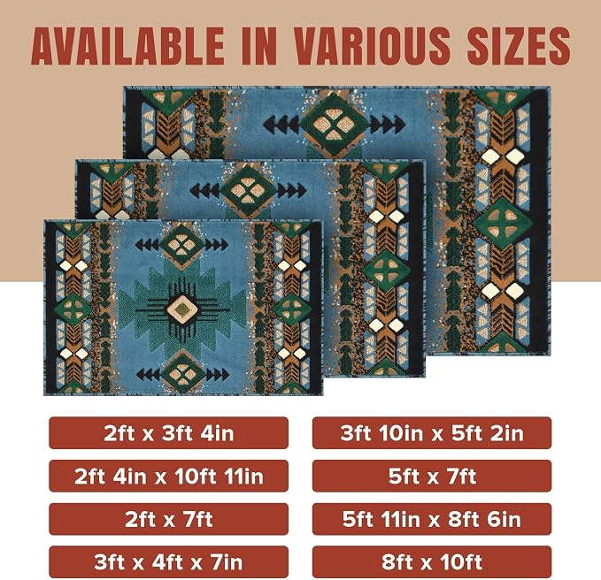 YHSF Southwest Native American Area Rug – Thick, Soft, Durable & Easy to Maintenance Tribal Design Boho Rug– Ideal for Bedroom, Living Room & Hallway - Blue-Green, 2 Feet 4 Inches x 10 Feet 11 Inches