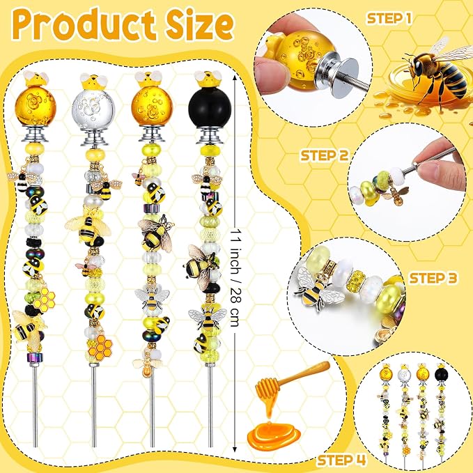 Lineshading 118 Pcs Bee Garden Stakes Wand DIY Beaded Stakes Garden Decor Includes 4 Crystal Stopper Top 10 Bee Pendant 68 Large Hole Beads 4 Threaded Rods 4 Pcs Nuts, for Craft Supply