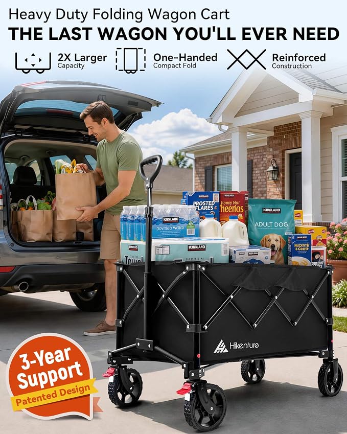 Hikenture Wagons Carts Foldable 330LBS, Heavy Duty Collapsible Wagon | Utility Wagon for Grocery, Garden, Camping & Sports Gear; One-Hand Fold; 360-Degree Wheels; Built-In Wheel Brake
