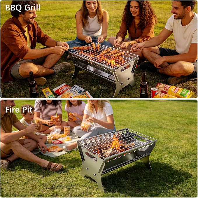 Portable Charcoal Grill, Stainless Steel Folding BBQ Grill, Heavy Duty Camping Fire Pit, Tabletop Charcoal Grills for Outdoor Cooking, Picnic, Tailgate, Beach, Backyard, 17 * 10.3 * 8.7 inch