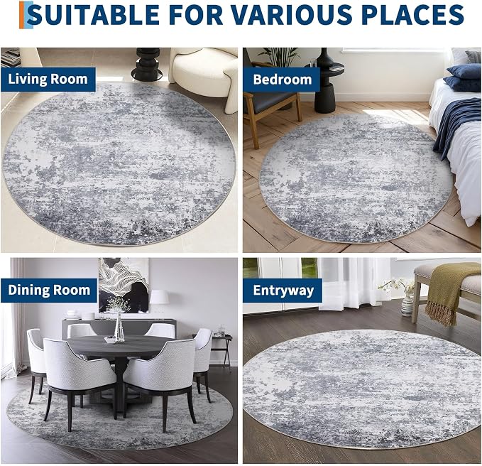 ROYHOME Modern Abstract 8x8 Round Area Rug Non Slip, Light Grey | Non Shedding Rug Low Pile Stain Resistant for Bedroom Living Room office Dining Room