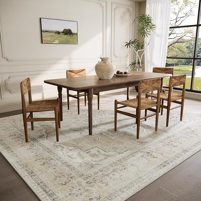 10x14 Area Rugs for Living Room: Large Washable Rug Lightweight Non Slip Low Pile Soft Faux Wool Non Shedding Distressed Vintage Floral Carpet for Bedroom Dining Room Kids Playroom Nursery Farmhouse