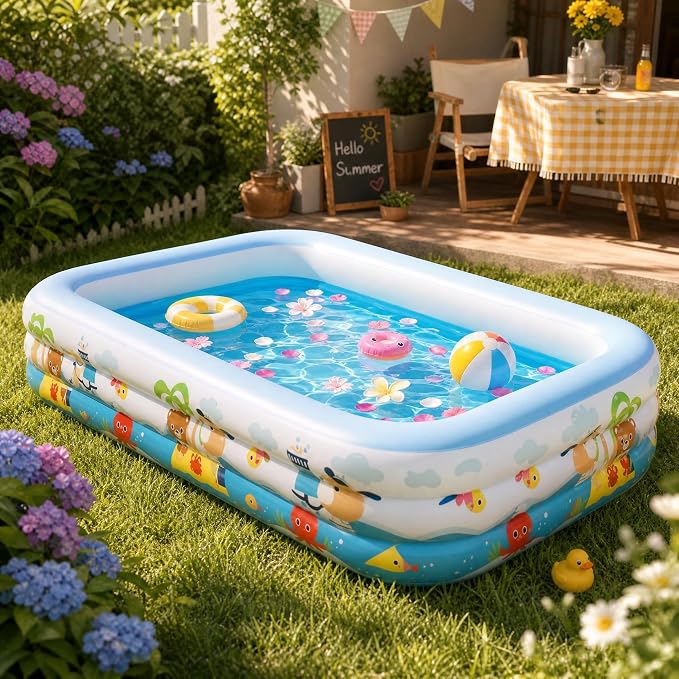 Heavy Duty 3-Ring Inflatable Family Pool 103x69x21 Inches Blow Up Swimming Pool for Backyard Garden Summer Water Party